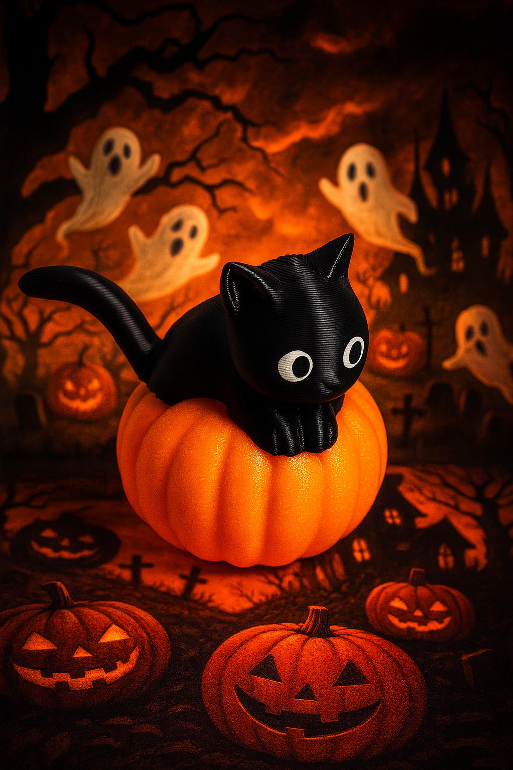 🐈⬛🎃 Black Cat on Pumpkin – Halloween Decoration set of 4